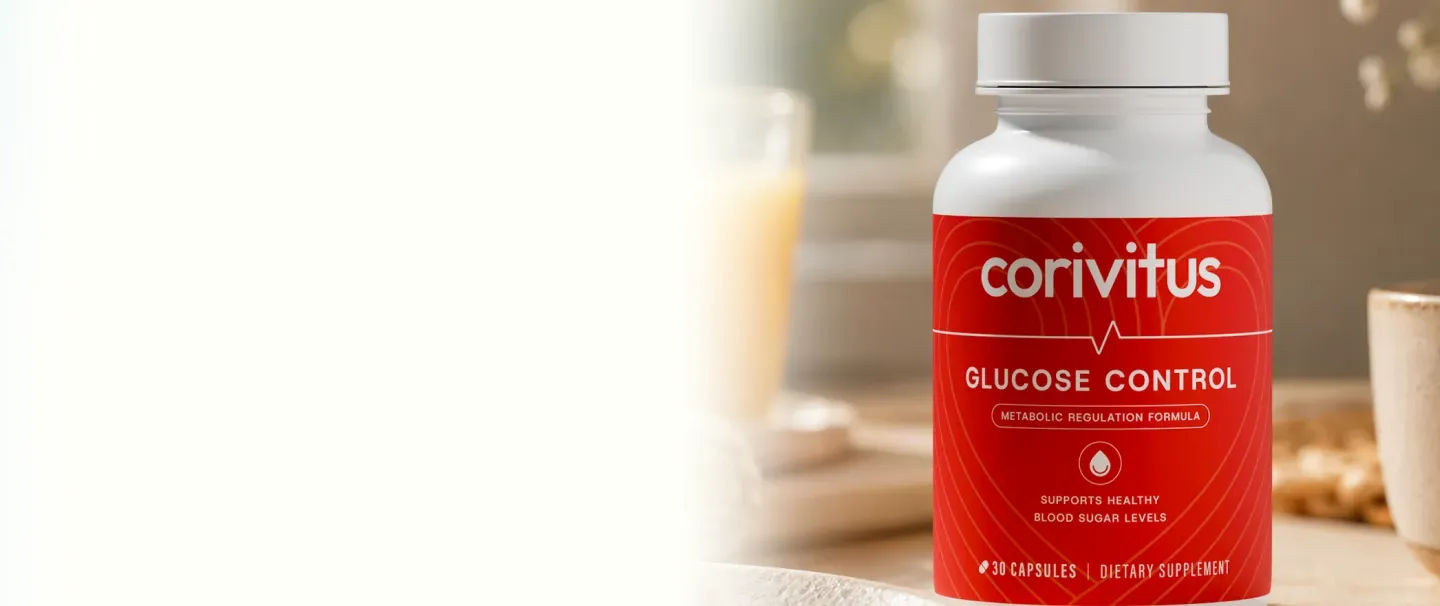 Eine Flasche Corivitus Glucose Control auf einem Frühstückstisch